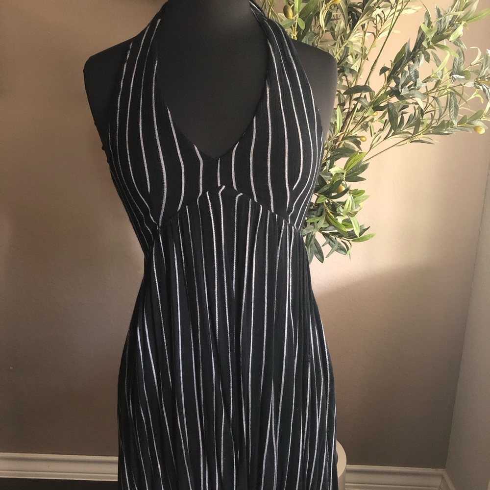 Black and White Striped Halter Dress